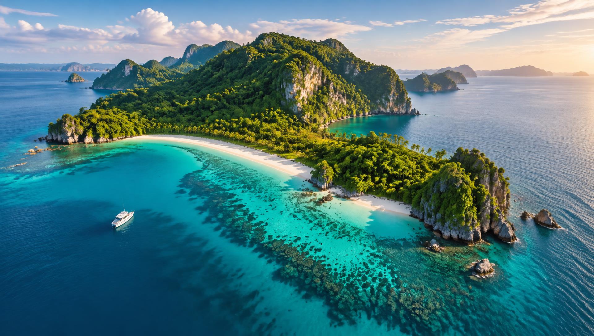 Aerial view of a lush tropical island with white sand beach and turquoise water in the Andaman Sea