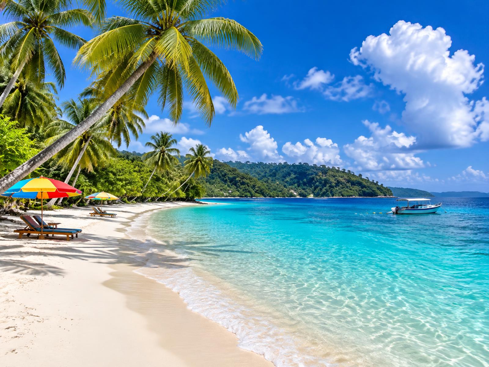 White-sand beach with palm trees, colourful umbrellas and turquoise water on Havelock Island